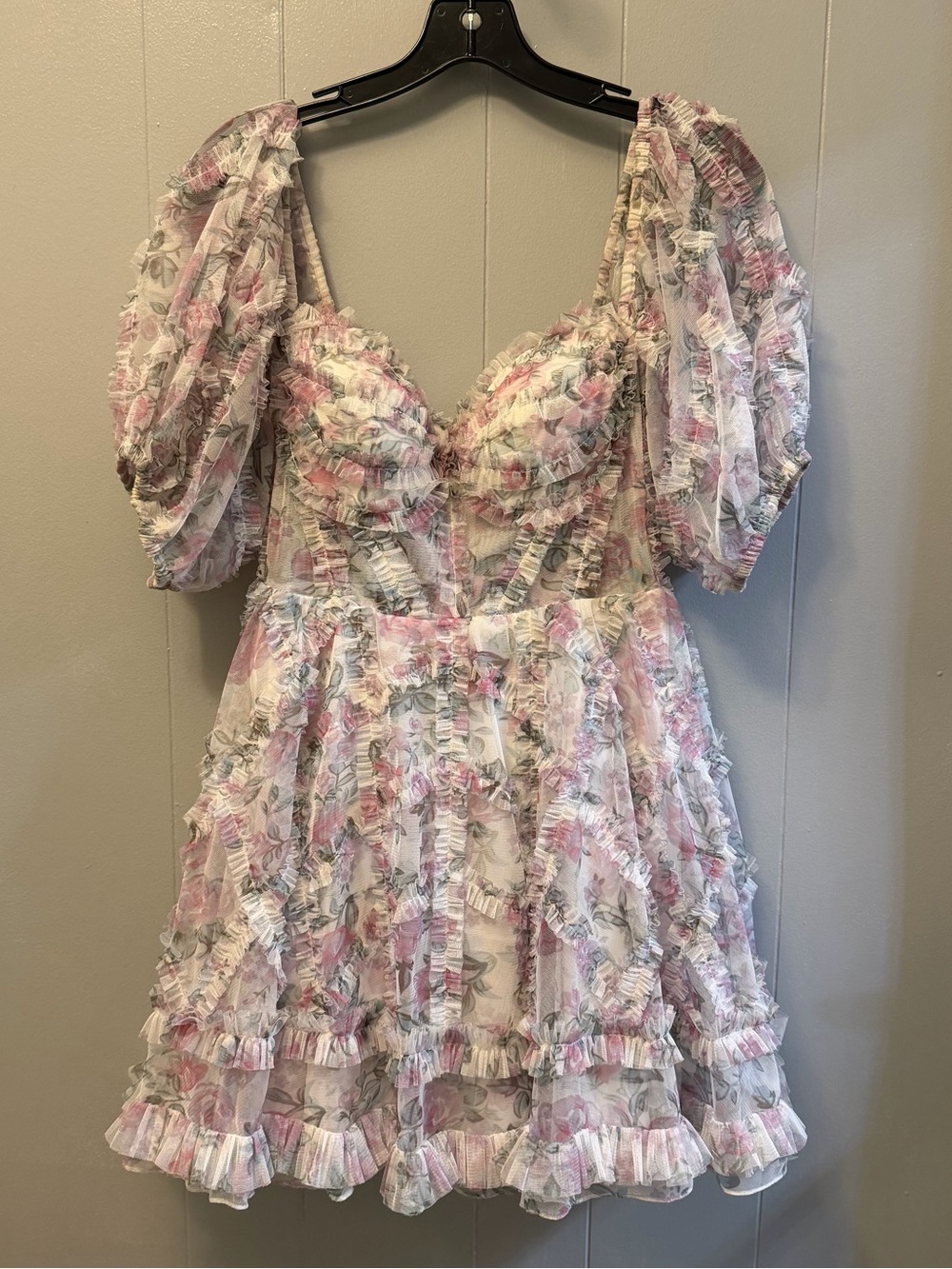 Floral Ruffle Mini Dress in Pink and Cream sheer waist and sleeves